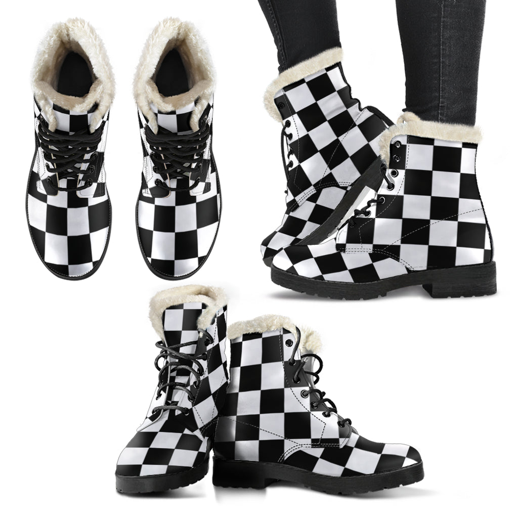 Racing Checkered Faux Fur Leather Boots