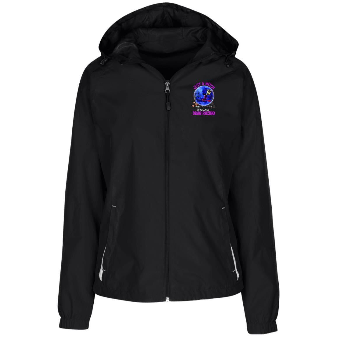 Just A Witch Who Loves Drag Racing Ladies' Jersey-Lined Hooded Windbreaker