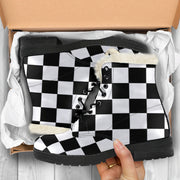 Racing Checkered Faux Fur Leather Boots