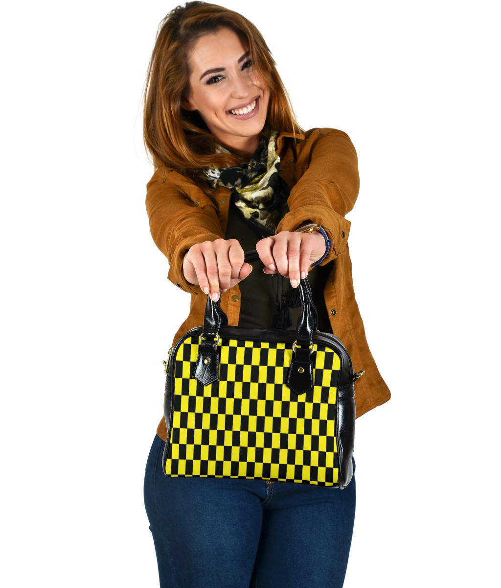 Racing Yellow Checkered Flag Shoulder Handbag