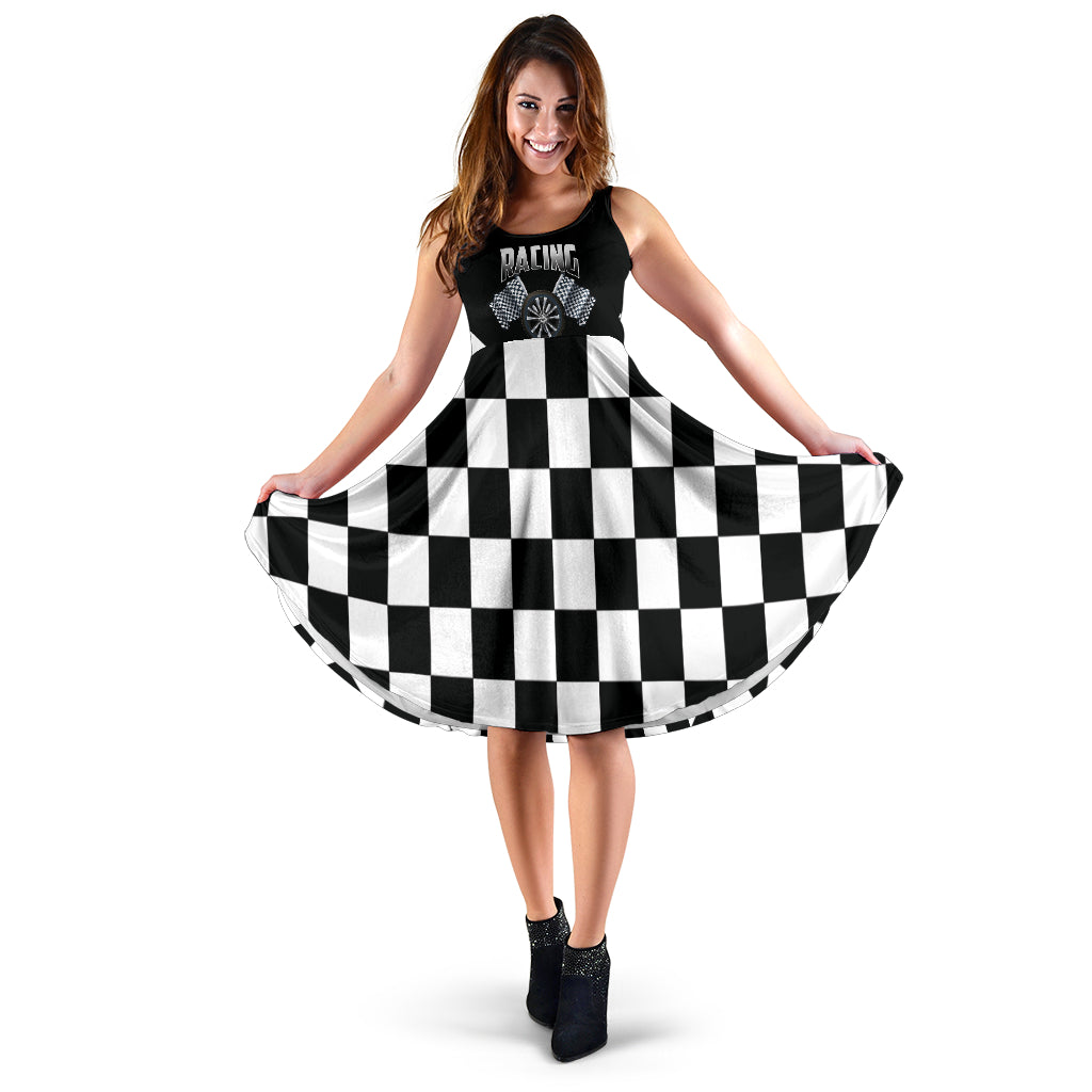 Yellow Racing Checkered Flag Dress – Custom Midi Dress with Pockets