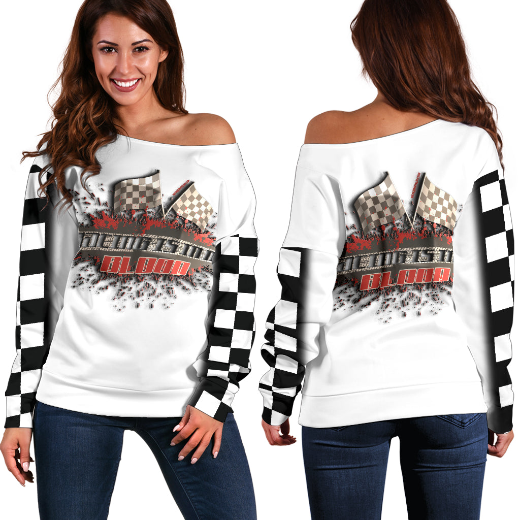 Racing Is In My Blood Off Shoulder Sweater NWhite