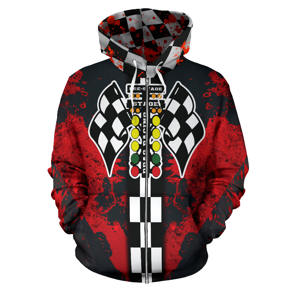 Drag Racing All Over Print Zip Up Hoodie Red