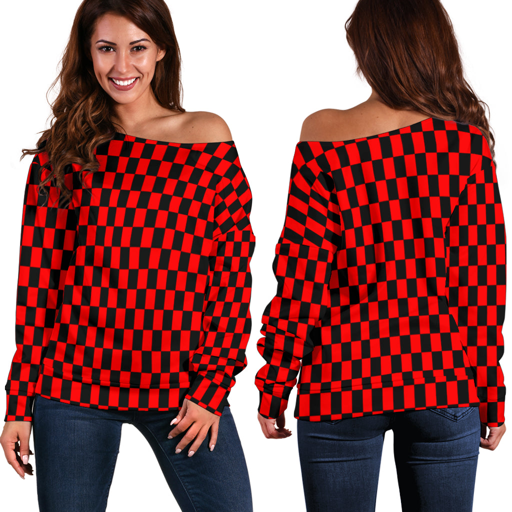 Racing Checkered Flag Off Shoulder Sweater Red