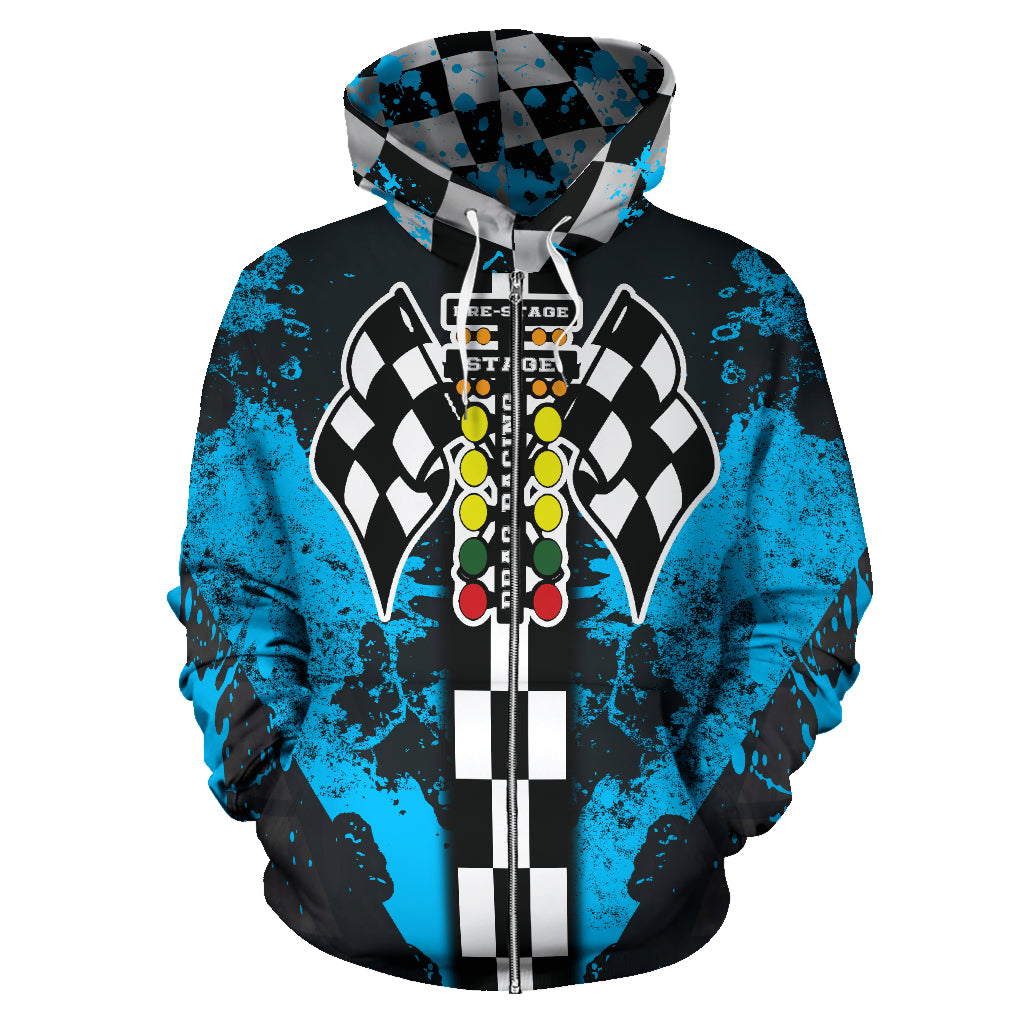 Drag Racing All Over Print Zip Up Hoodie Carolina Blue