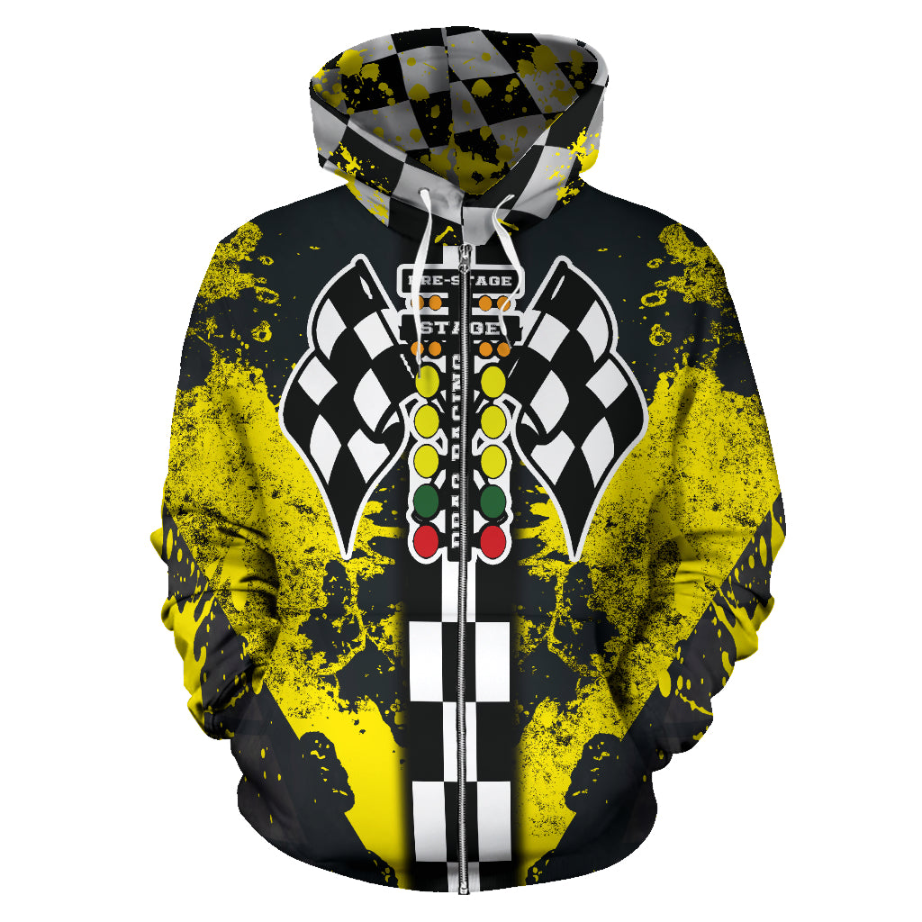 Drag Racing All Over Print Zip Up Hoodie Yellow
