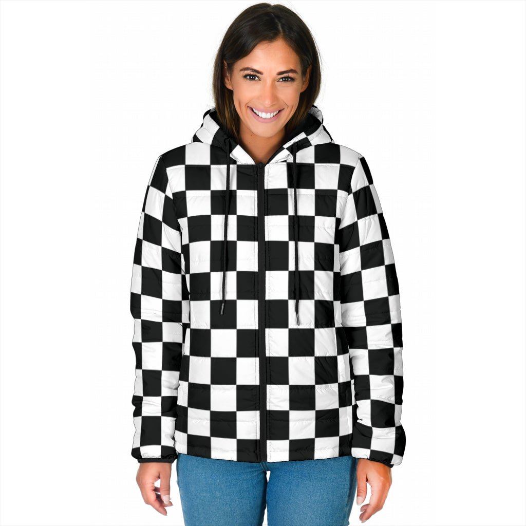 Racing checkered padded hooded jacket