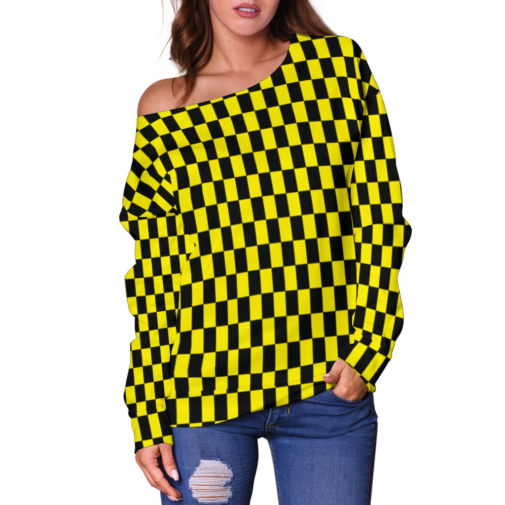 Racing Checkered Flag Off Shoulder Sweater Yellow