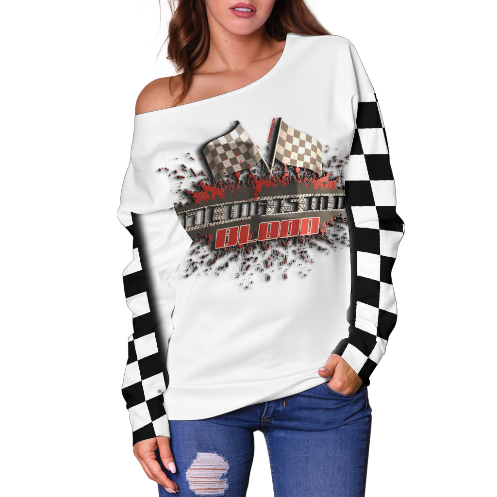Racing Is In My Blood Off Shoulder Sweater NWhite