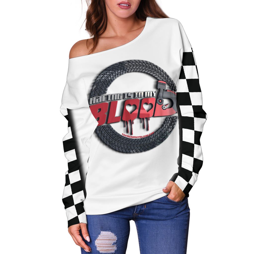 Racing Is In My Blood Off Shoulder Sweater White