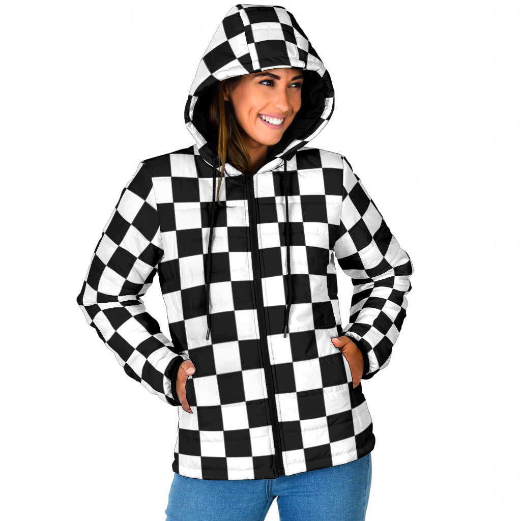 Racing checkered padded hooded jacket
