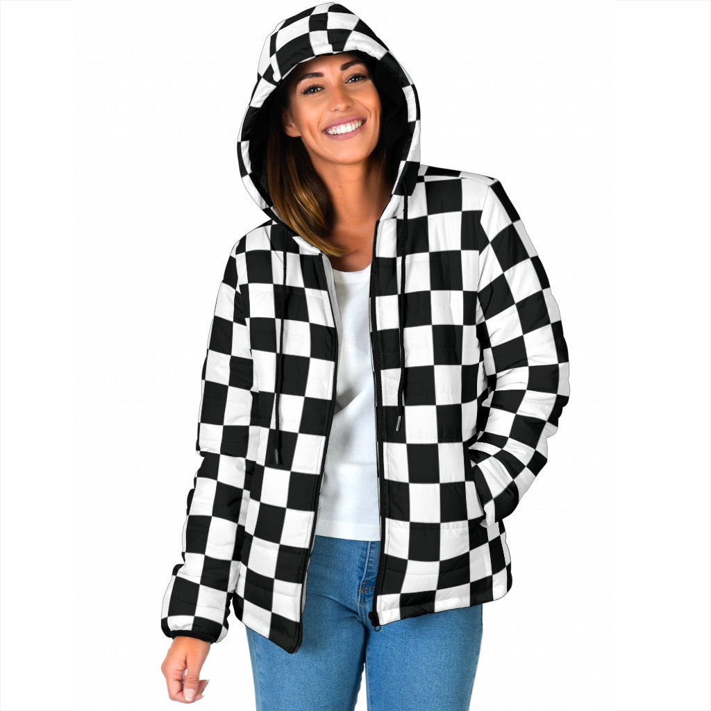 Racing checkered padded hooded jacket