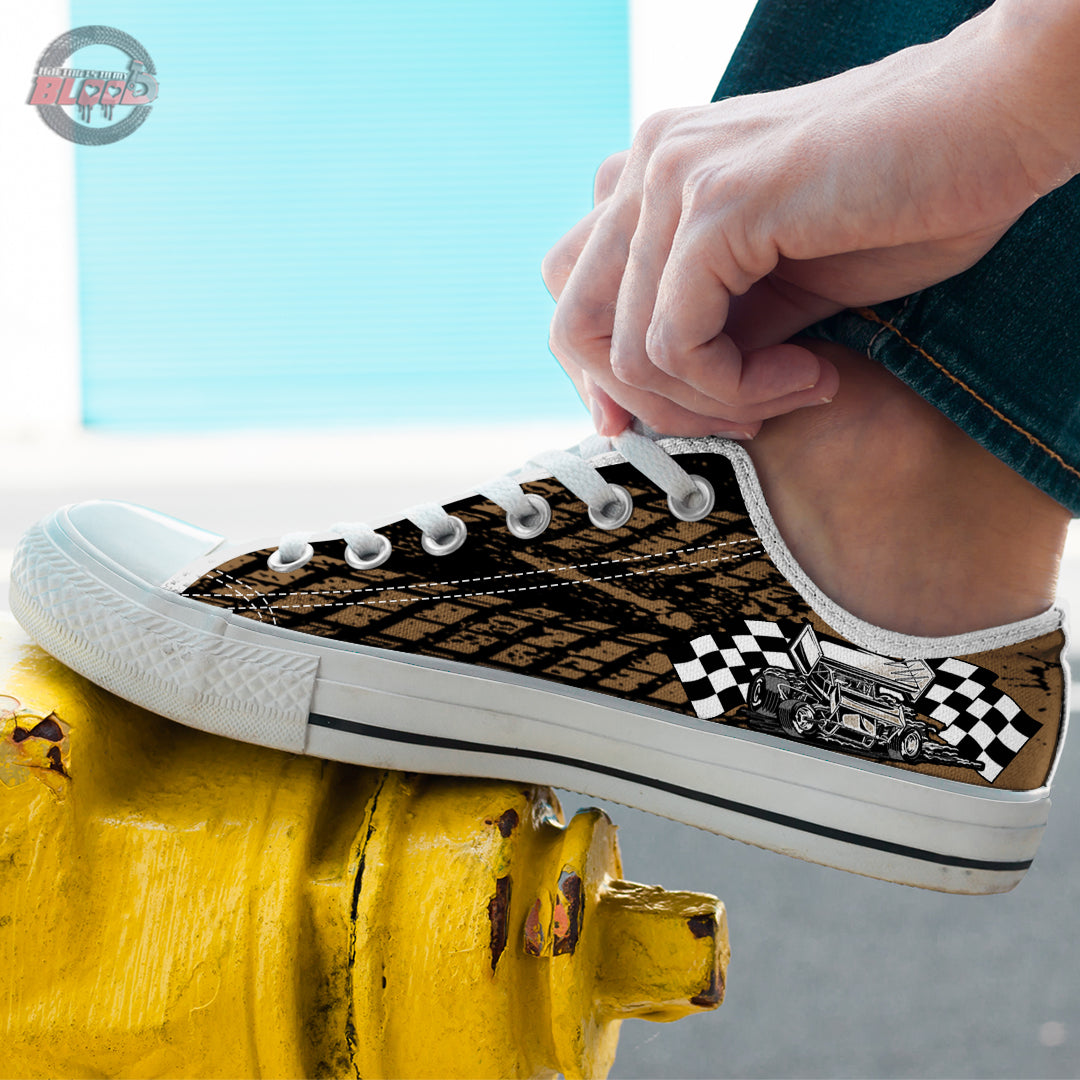 Dirt Racing Checkered Sprint Car Low Tops White