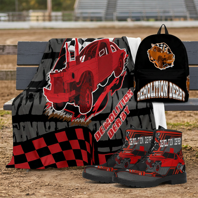 Demolition derby collection concept featuring RIIMB blanket, backpack and boots