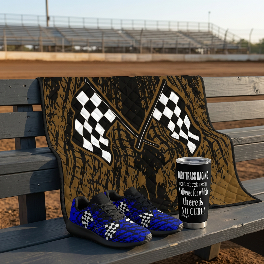Dirt racing collection concept featuring RIIMB sneakers, tumbler and quilt