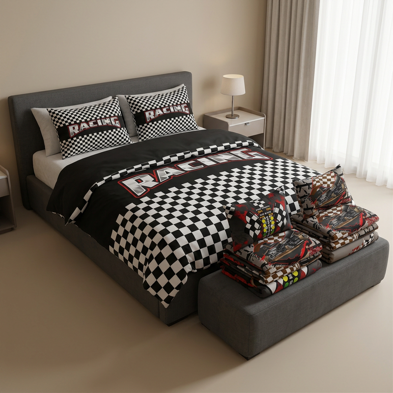 Racing Bedding Sets collection concept featuring checkered, drag racing and sprint car designs