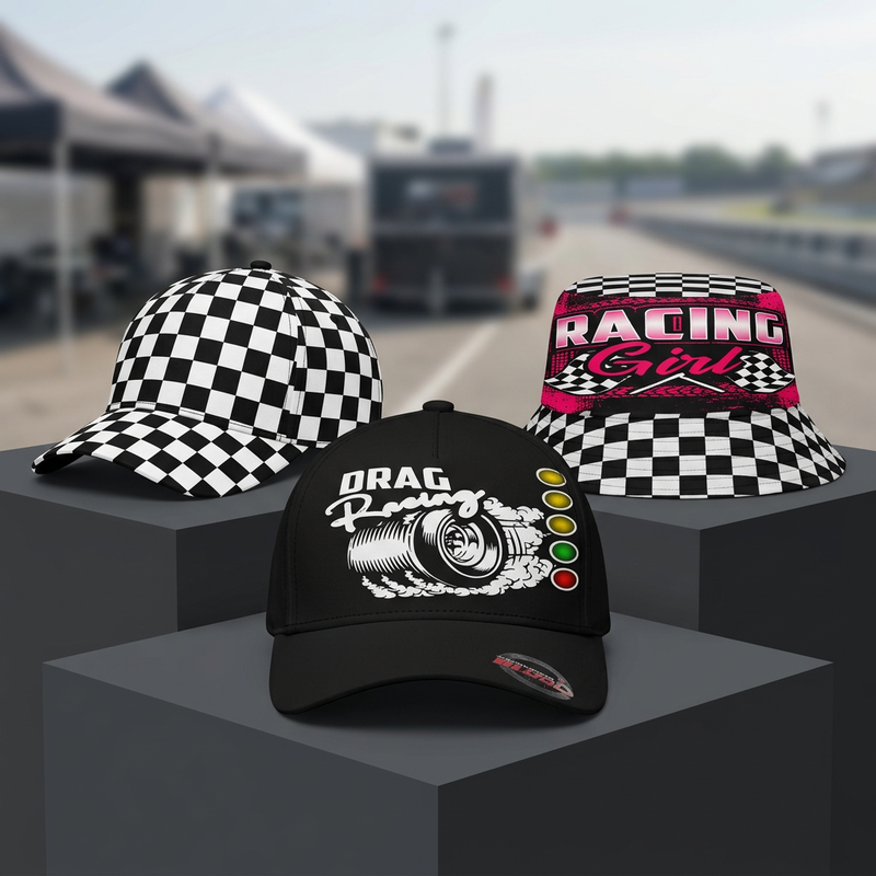 Racing Hats collection concept featuring RIIMB checkered cap, drag racing cap and Racing Girl bucket hat