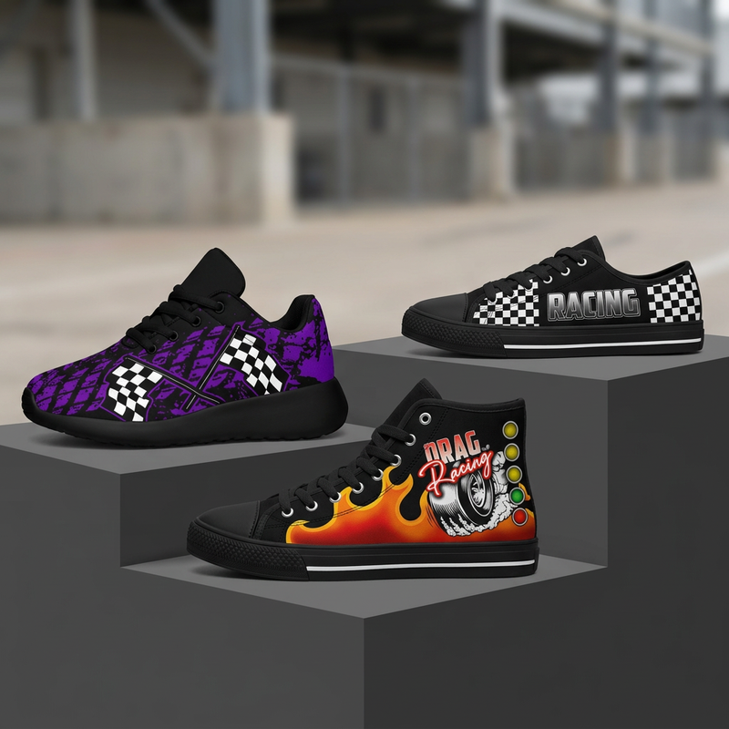Racing Shoes collection concept featuring RIIMB purple sneakers, drag racing high-tops and checkered low-tops