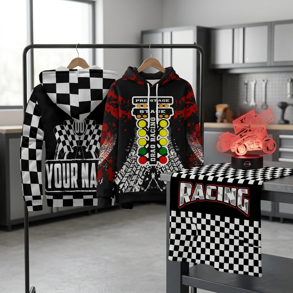 Revised collection image with sherpa jacket, hoodie, checkered blanket and sprint car lamp