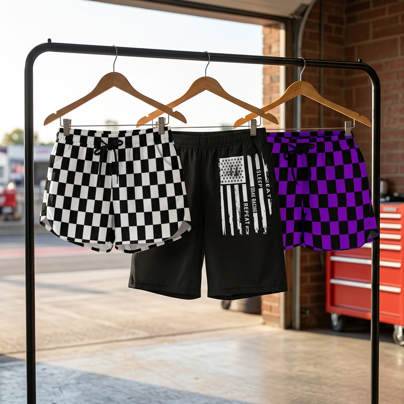 RIIMB Racing Shorts collection image in a paddock garage setting