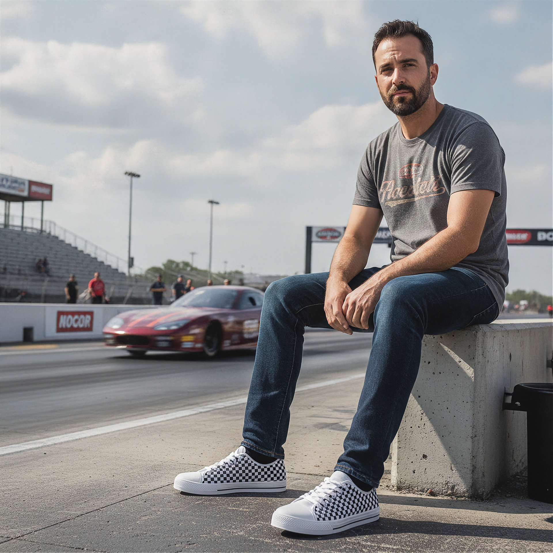 Man wearing checkered shoes sitting on a concrete block at a race track with a car in the background