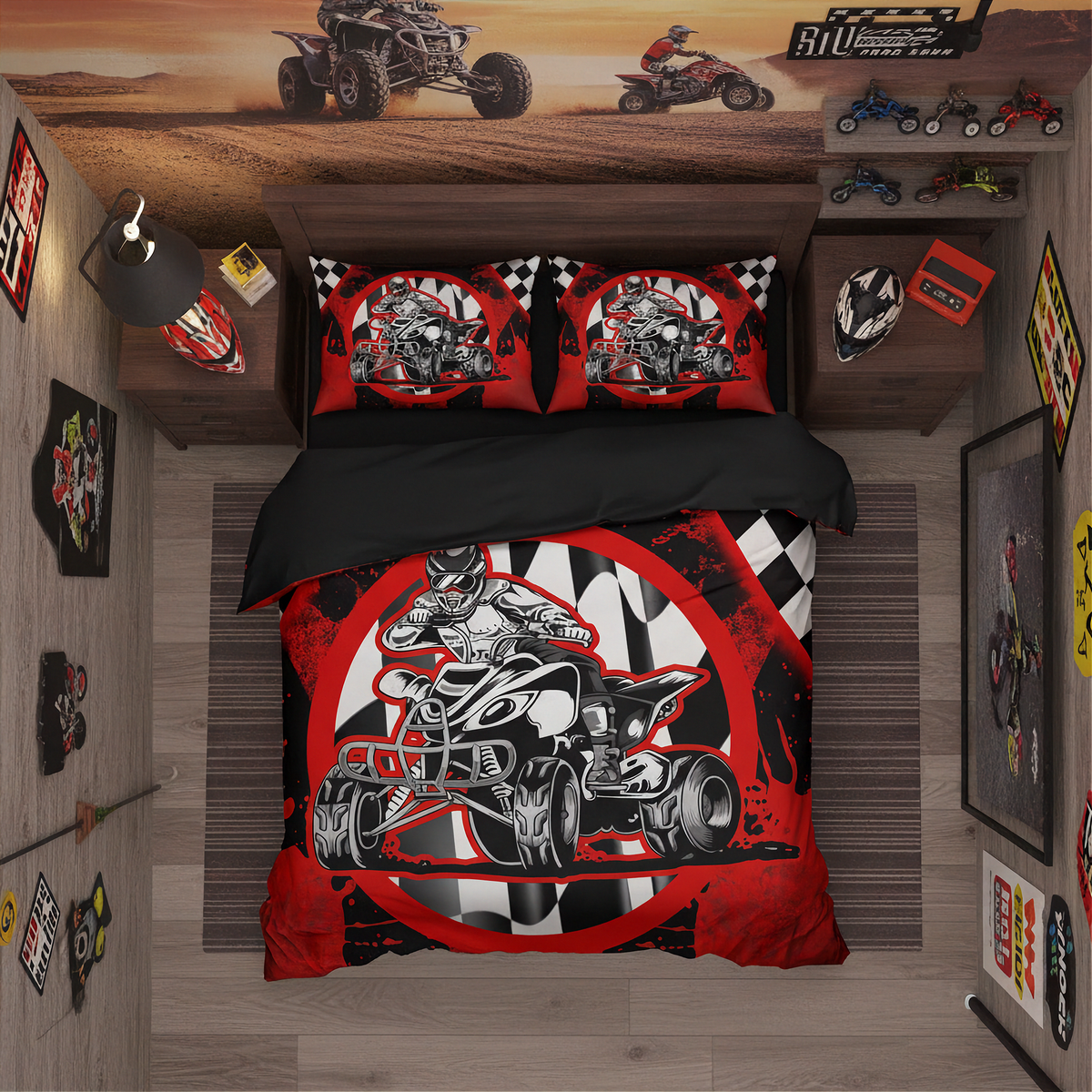 A top-down view of a kids' bed styled in a motocross racing theme, featuring a red, black, and white graphic duvet cover and matching pillowcases with a racer and ATV design. The room is decorated with motocross posters, helmets, and toy cars.