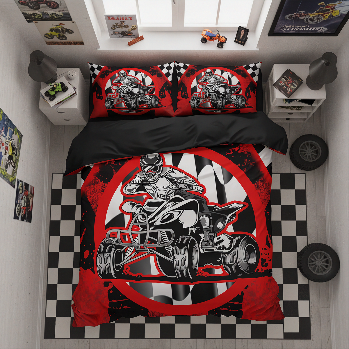 A racing-themed bedding set featuring a red, black, and white quad bike design on the comforter and matching pillowcases, styled in a modern bedroom setting.