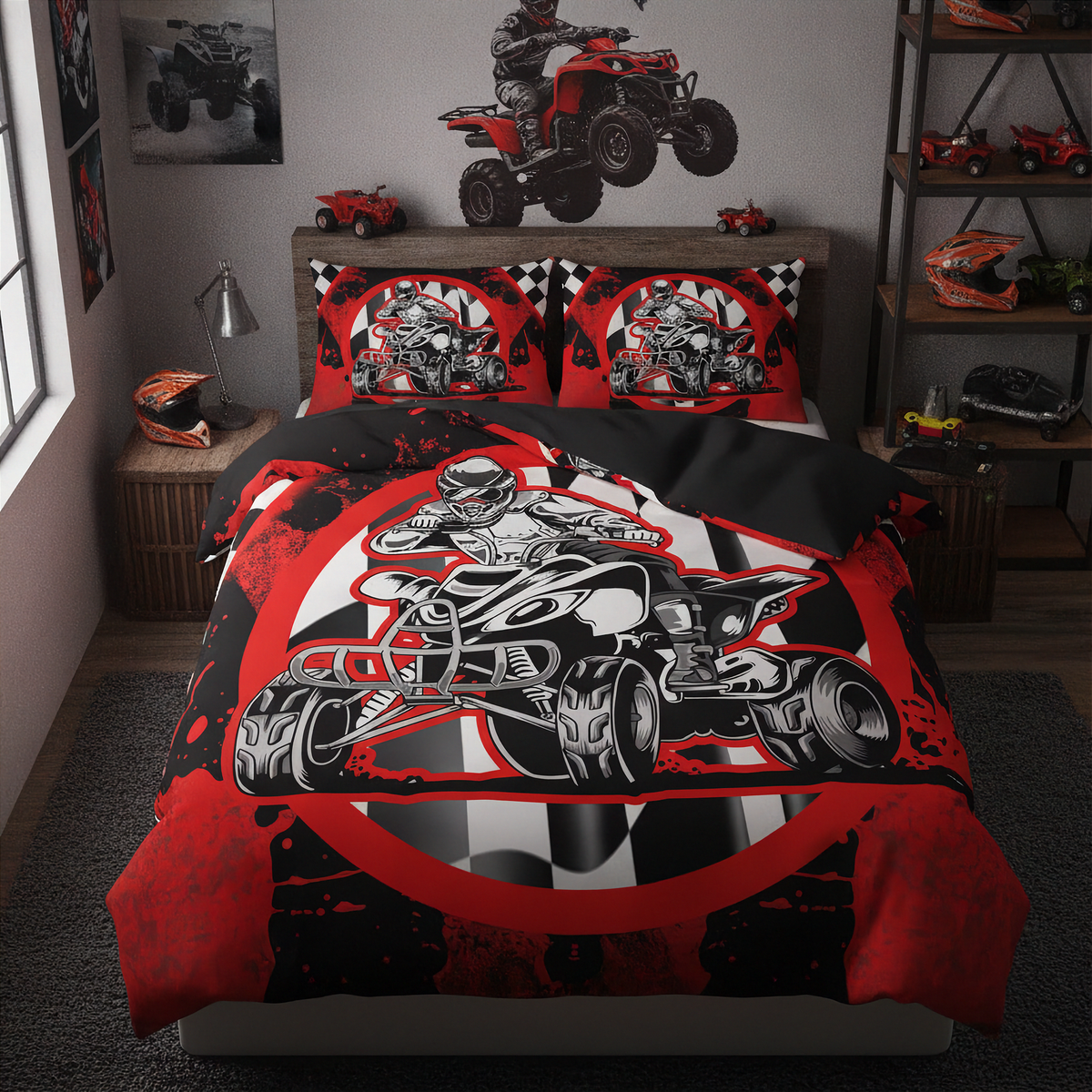 A kids' bedroom featuring a red, black, and white motocross and ATV racing themed bedding set on the bed, with matching red and black pillowcases. The room is styled with matching red and black ATV decals on the wall, toy ATVs on the shelf, and a helmet on a side table.