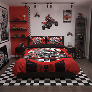 A racing-themed bedding set with a duvet cover and two pillowcases featuring a red, black, and white motorcycle graphic, styled in a modern bedroom with a checkered floor, racing posters, and ATVs.