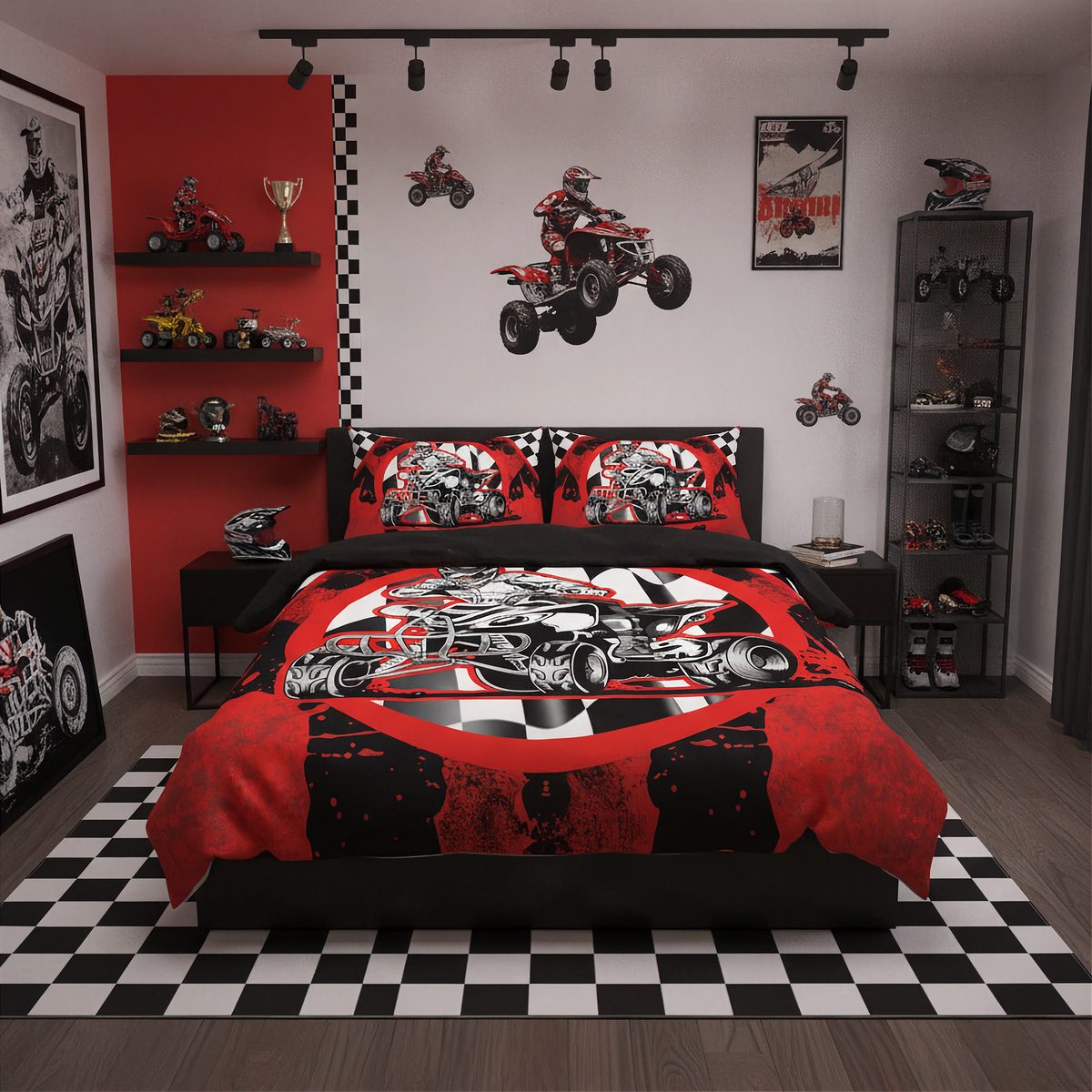 A racing-themed bedding set with a duvet cover and two pillowcases featuring a red, black, and white motorcycle graphic, styled in a modern bedroom with a checkered floor, racing posters, and ATVs.