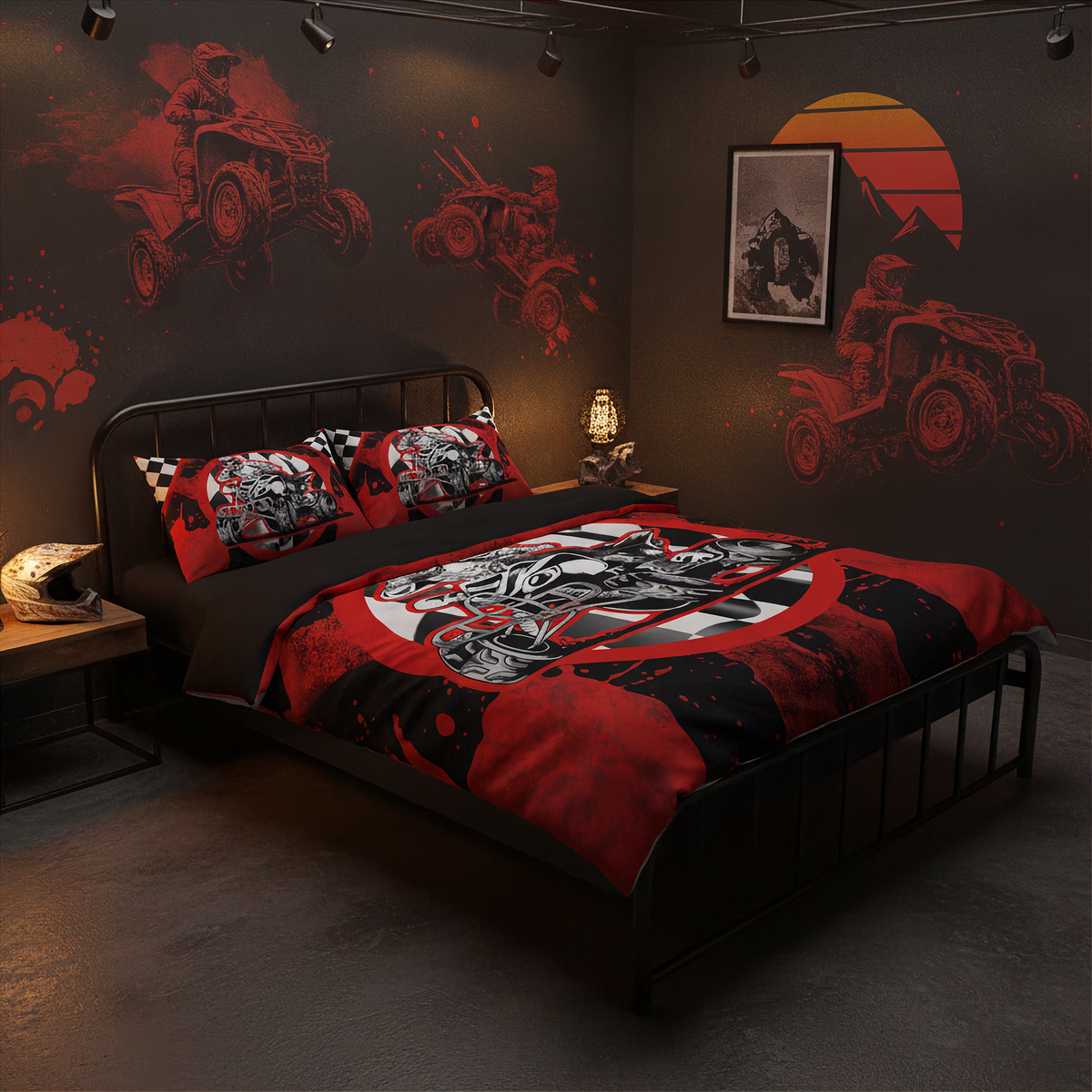 A styled bedroom scene showing a bed dressed in a red, black, and gray graphic duvet cover and matching pillow shams. The room has dark walls with red ATV artwork, a nightstand, a lamp, and framed wall art.