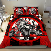 A racing-themed bedding set featuring a red, black, and white quad bike design on the duvet cover and matching pillowcases, displayed on a bed in a bedroom setting.