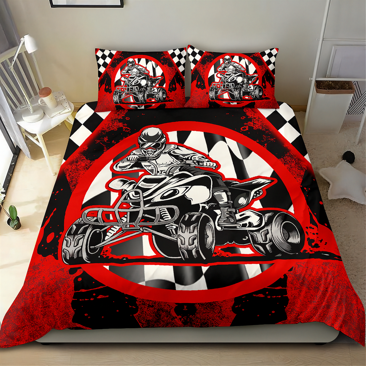 A racing-themed bedding set featuring a red, black, and white quad bike design on the duvet cover and matching pillowcases, displayed on a bed in a bedroom setting.