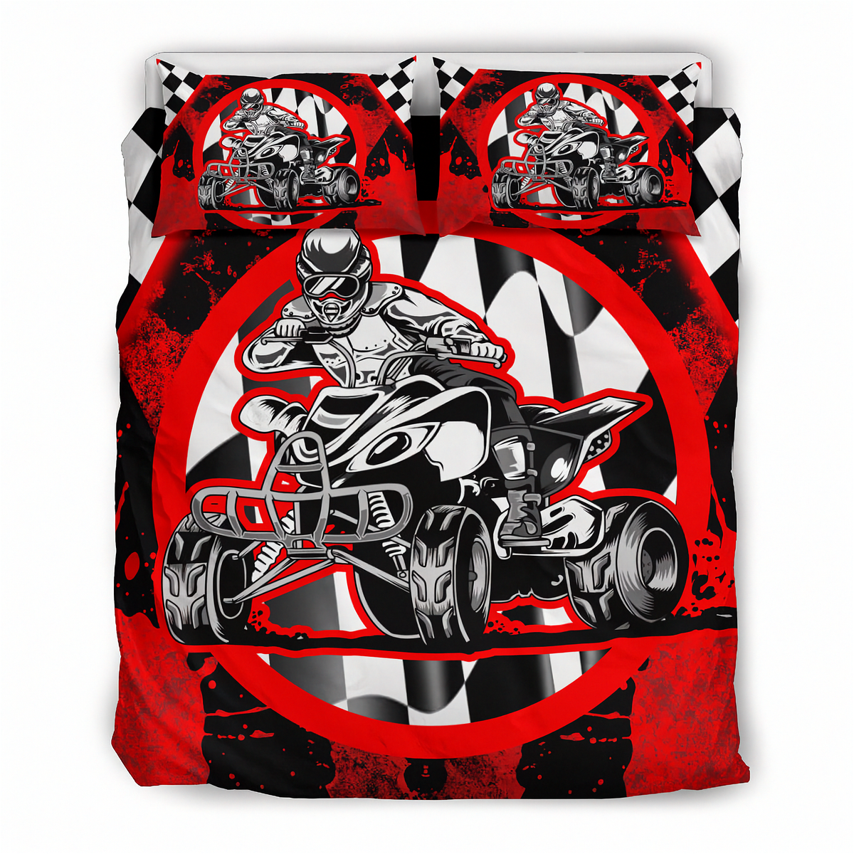 A racing-themed bedding set featuring a duvet cover and two pillowcases with a bold graphic print of a motocross racer on a quad bike, set against a red, black, and white checkered background.