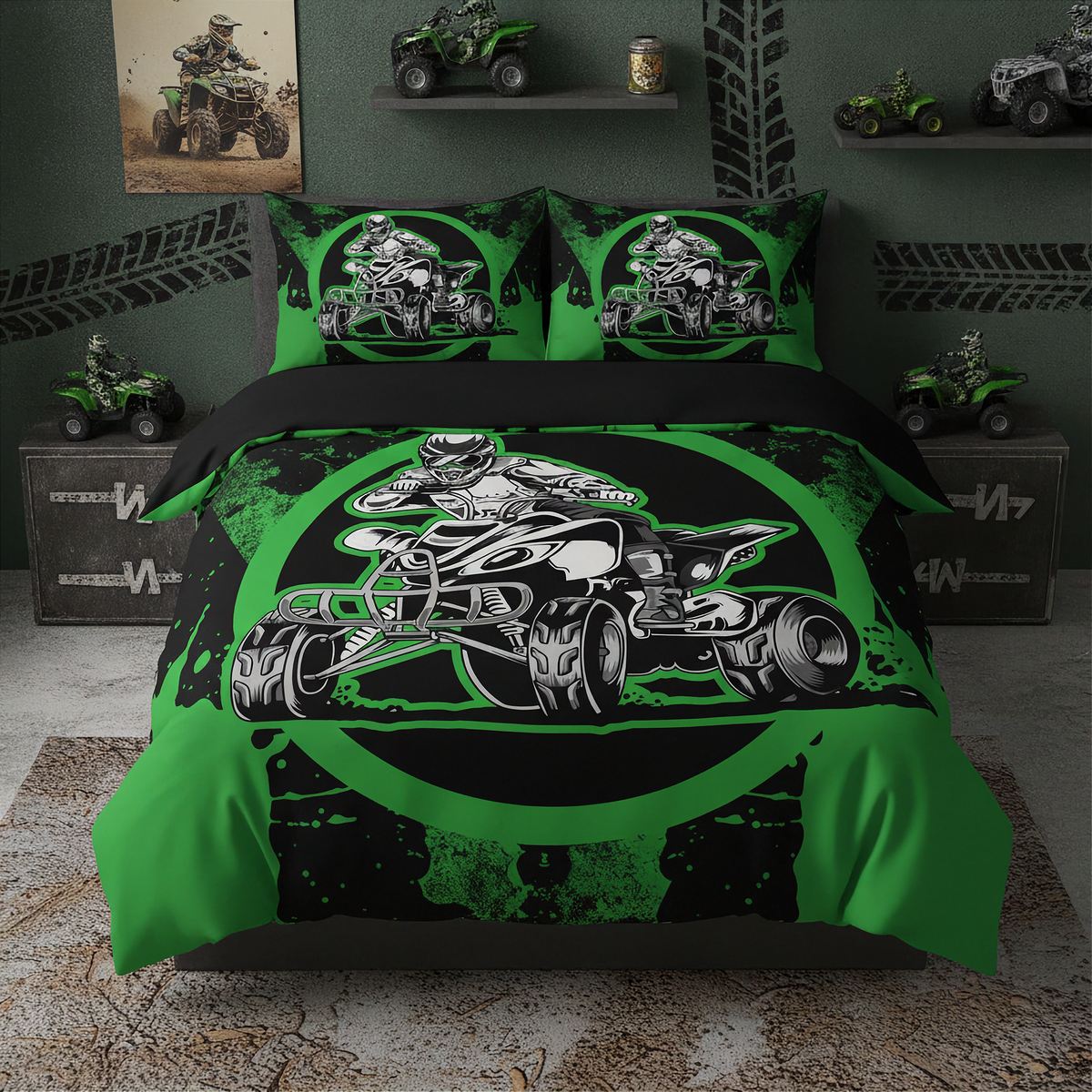 A bedding set featuring a green and black all-terrain vehicle (ATV) graphic print, styled on a bed in a dark green room decorated with ATV-themed wall decals, shelves, and side tables.