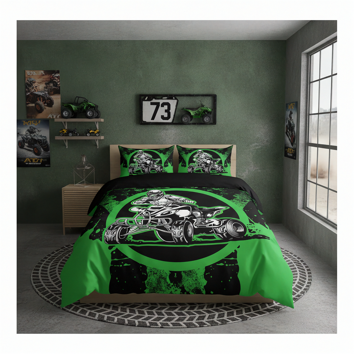 A green and black racing-themed bedding set, including a duvet cover and two matching pillowcases, displayed on a bed in a styled bedroom with green walls and racing decals.