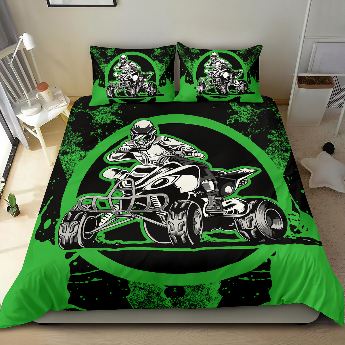 A bed dressed in a bold green and black all-over print bedding set featuring a large ATV racer graphic on the duvet cover and matching pillowcases, shown in a bedroom setting.