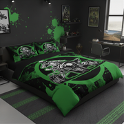 A bed dressed in a black and bright green graphic bedding set with a large motorcycle illustration and green paint-splatter design, shown in a dark modern bedroom.