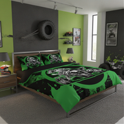 A modern bedroom featuring a bed dressed in a bold green and black graphic duvet cover and matching pillowcases. The room has lime green and dark gray walls, a large tire mounted on the wall, and ATV posters.