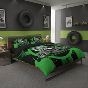 A bed dressed in a bold green and black motocross-themed bedding set, shown in a modern gray and lime green bedroom decorated with tire wall art and motorbike posters.