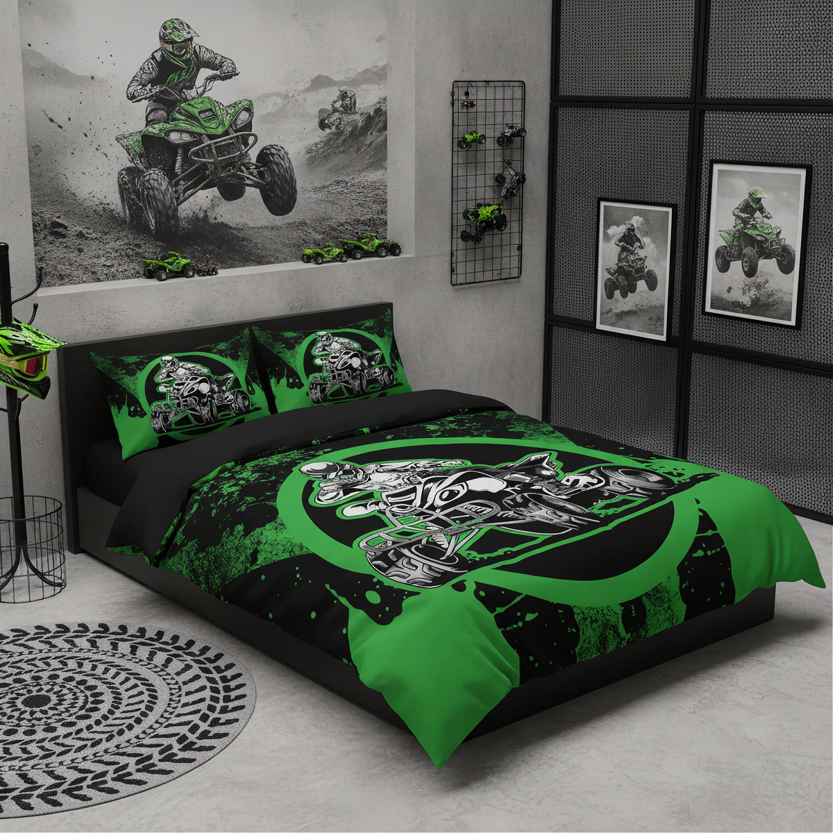 A green and black all-over-print bedding set, including a duvet cover and two matching pillowcases, styled on a bed in a modern gray-themed bedroom. The design features a large graphic of an ATV with the text 'ATV LIFER' inside a circular frame.