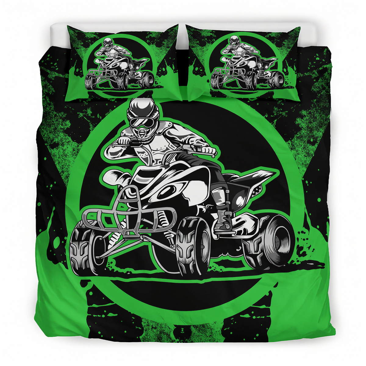A bedding set featuring a duvet cover and two matching pillowcases with a high-contrast graphic print of an ATV racer in black, white, and bright green.