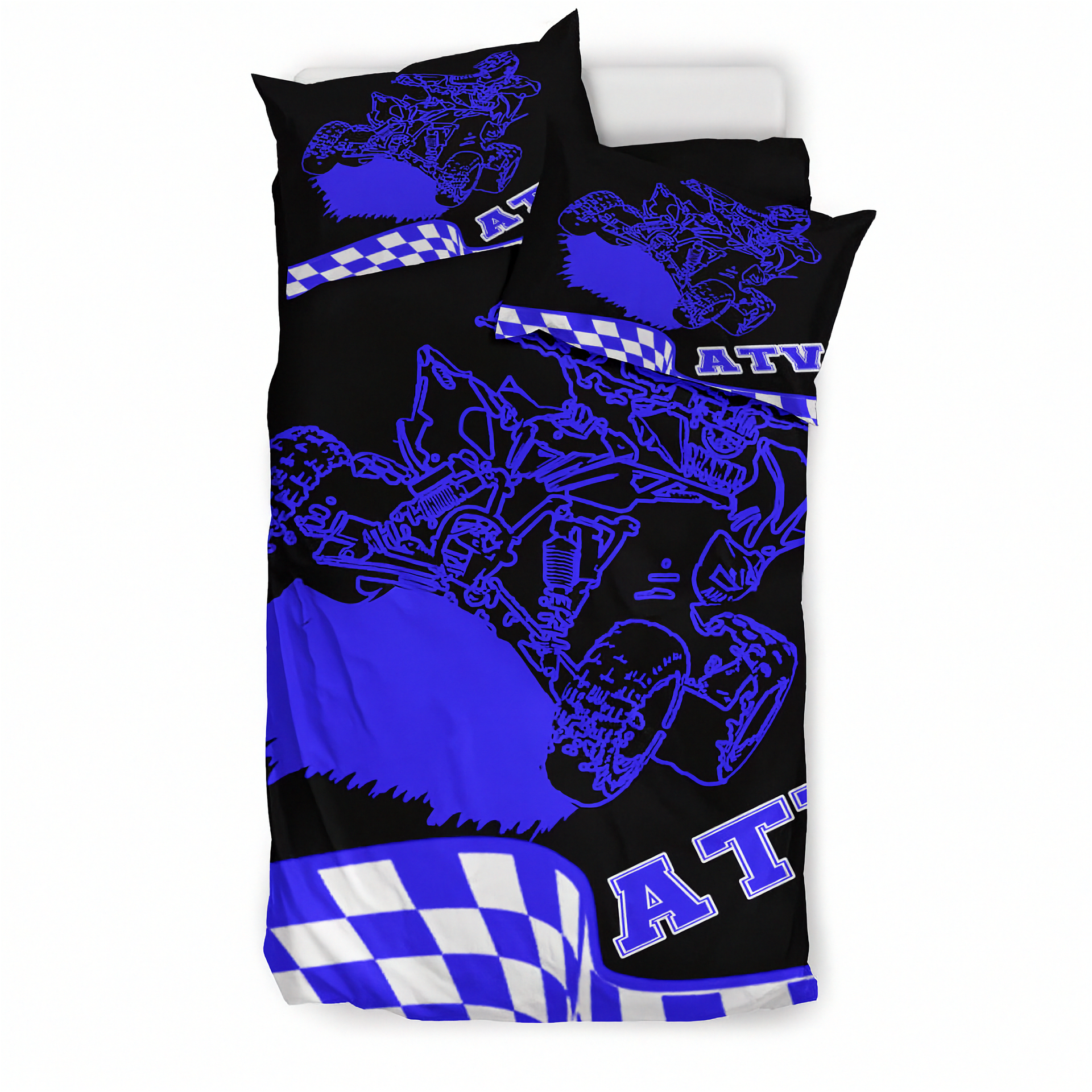 Black and blue bedspread with checkered patterns and 'ATV' text on a white background