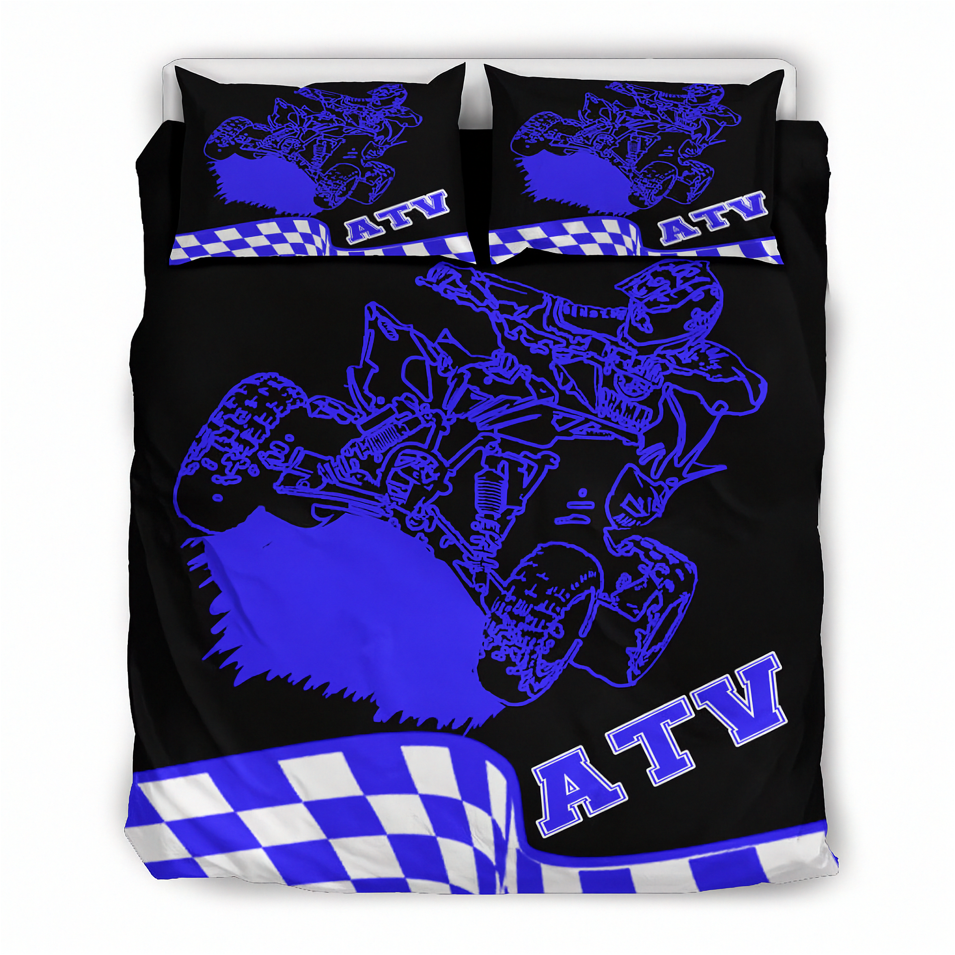 Black bedspread with blue ATV graphics and checkered patterns on a white background
