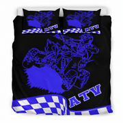 Black bedding set with blue ATV graphics and checkered patterns on a white background