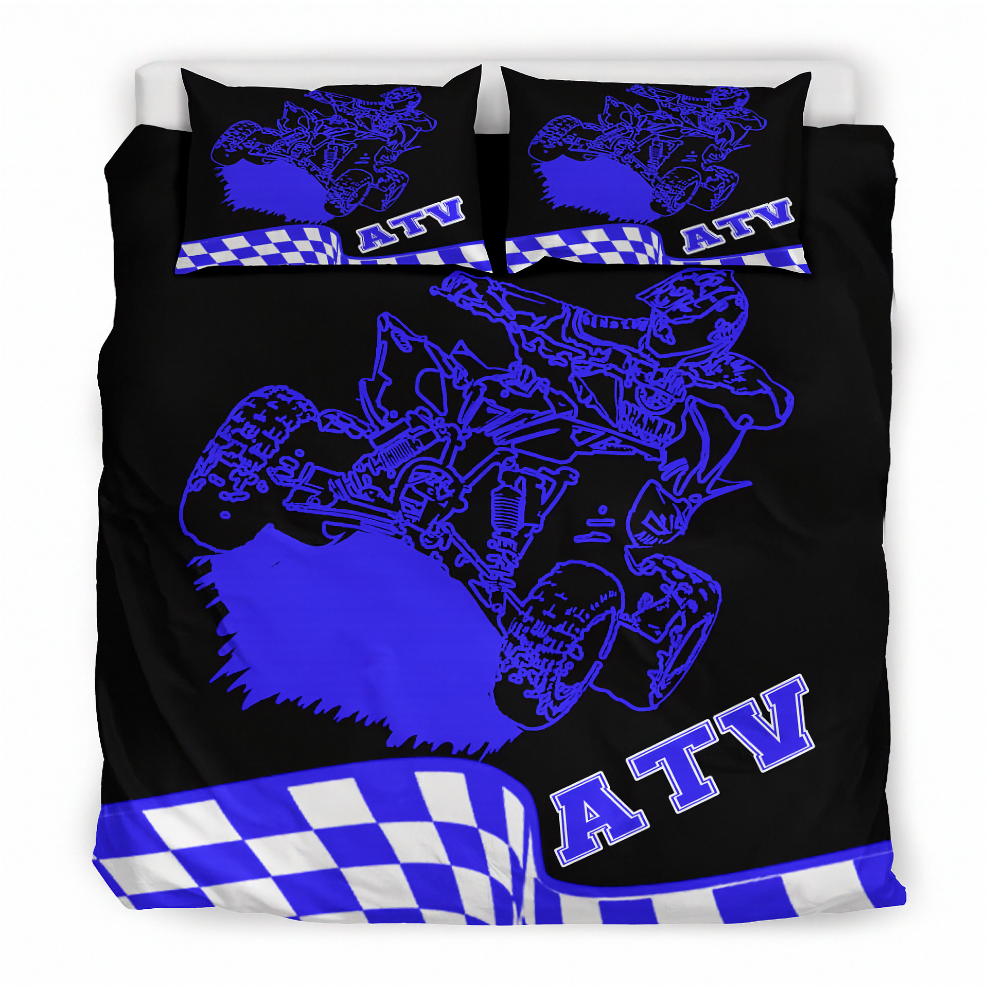 Black bedding set with blue ATV graphics and checkered patterns on a white background