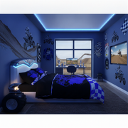 Modern bedroom with blue theme, racing theme decor, and gaming setup.