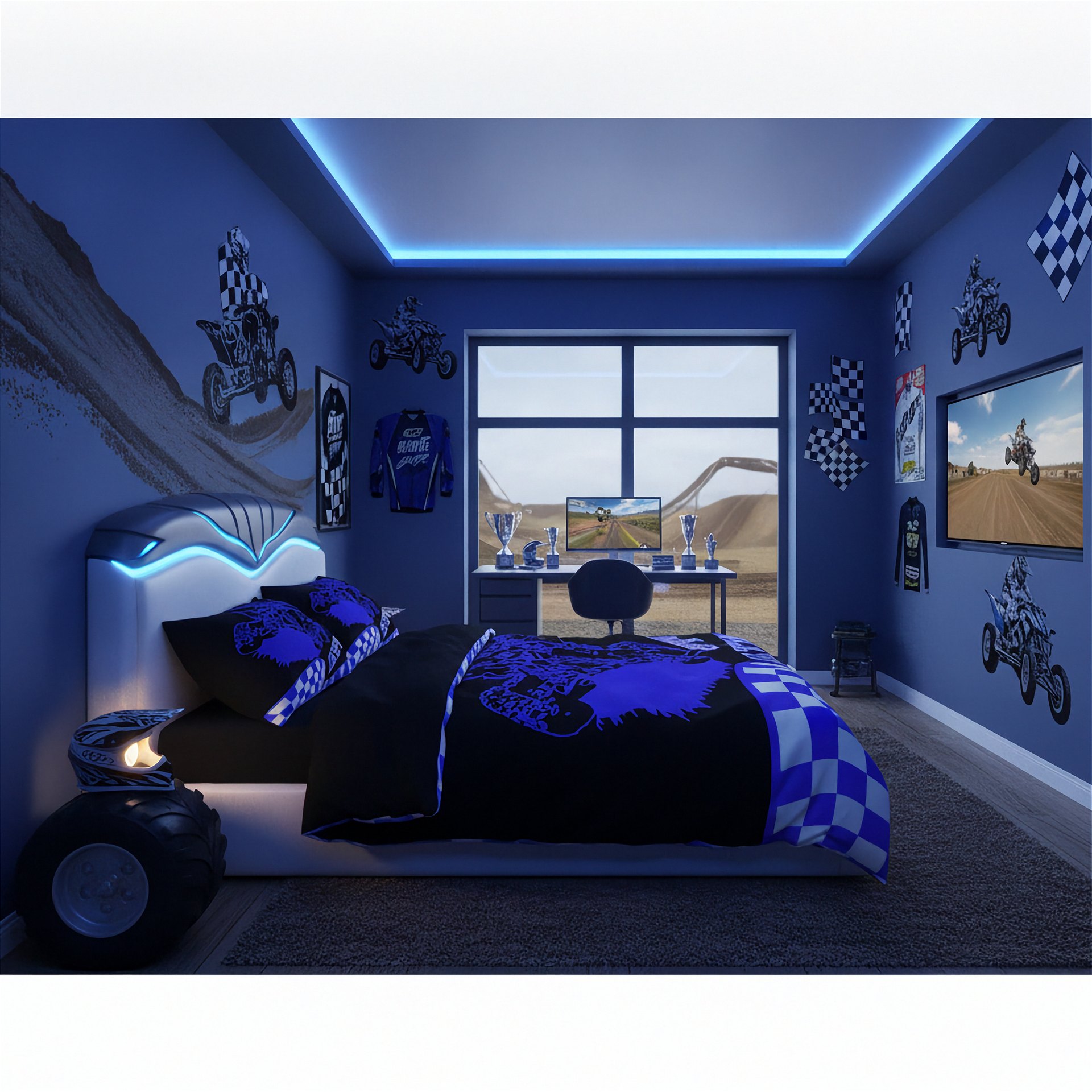 Modern bedroom with blue theme, racing theme decor, and gaming setup.