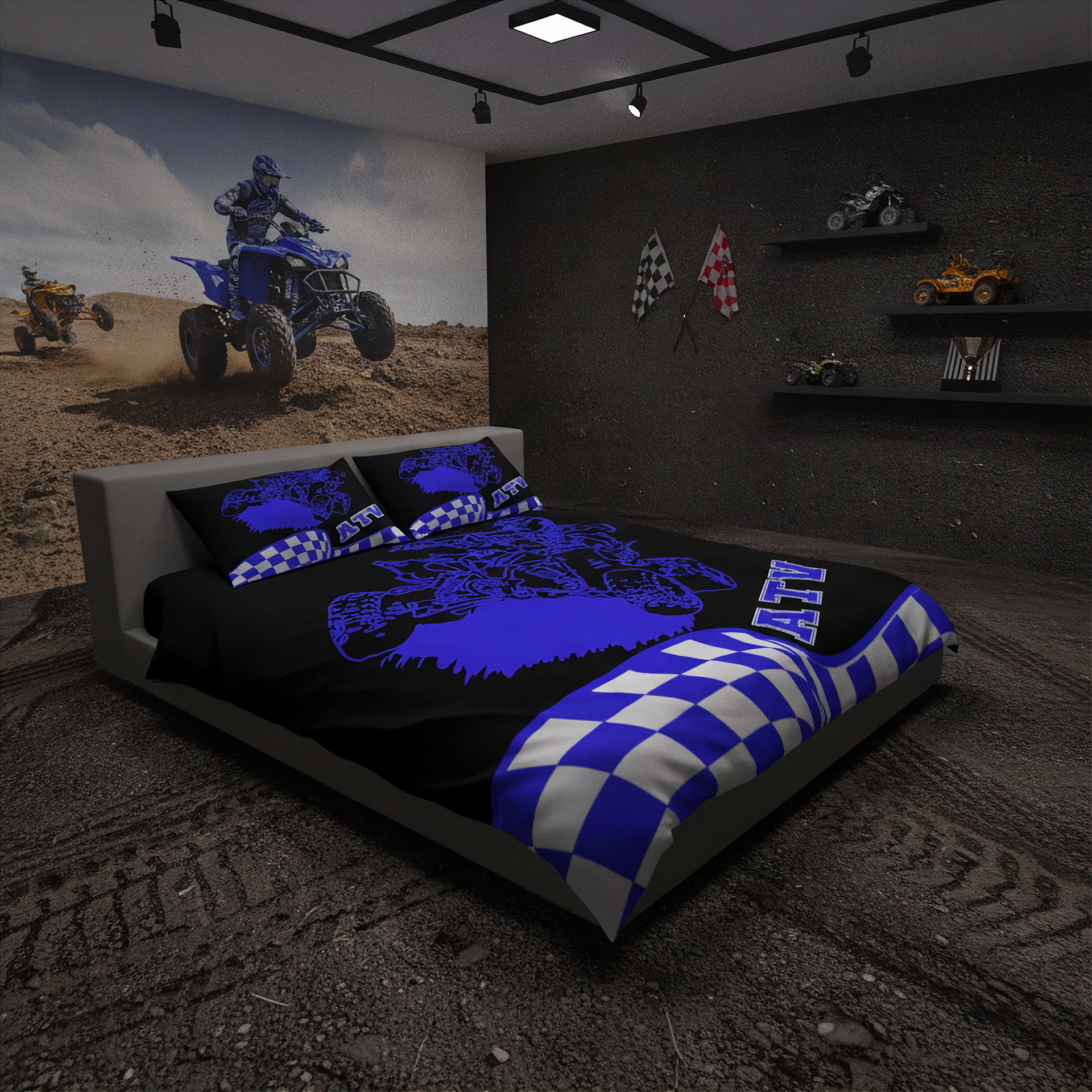 Bedding set with blue and black design in a room with ATV decor