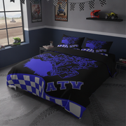 Bedroom with ATV-themed bedding and decor